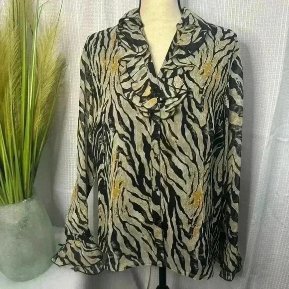 Coldwater Creek Women’s Large 100% Silk Long Sleeve Ruffled Animal Print - Picture 1 of 11